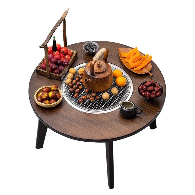围炉煮茶桌阳台庭院家用室内炭火桌圆形折叠小茶几木炭烤肉烧烤桌