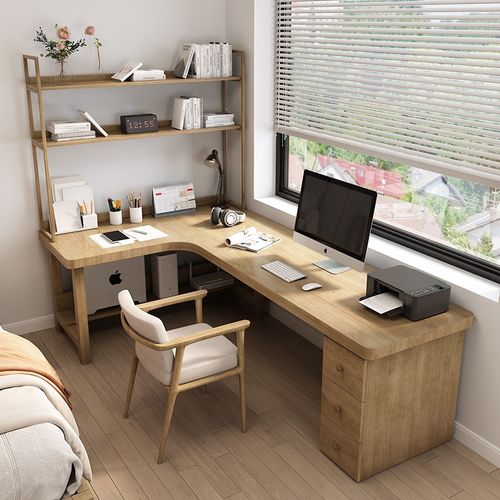 实木L型转角书桌书架一体桌工作台桌学习写字办公电脑桌