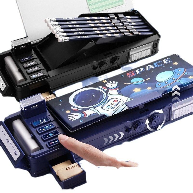 科技多功能笔盒小学生黑男童款男孩文具盒蓝色用密码锁巨划算