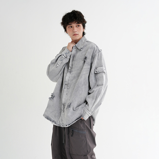 UNWAKE重工上衣2025新款 磨破做旧牛仔外套宽松慵懒风韩系牛仔衬衫