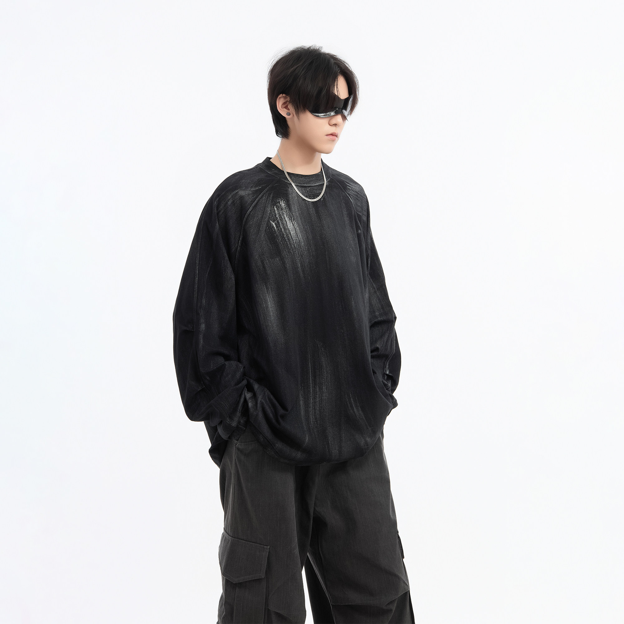 美式水洗暗纹潮牌圆领卫衣男