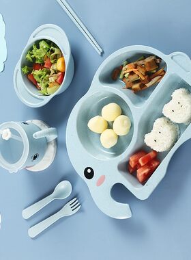 小麦秸秆儿童餐盘分格家用幼儿园卡通宝宝碗防摔吸管水杯餐具套装