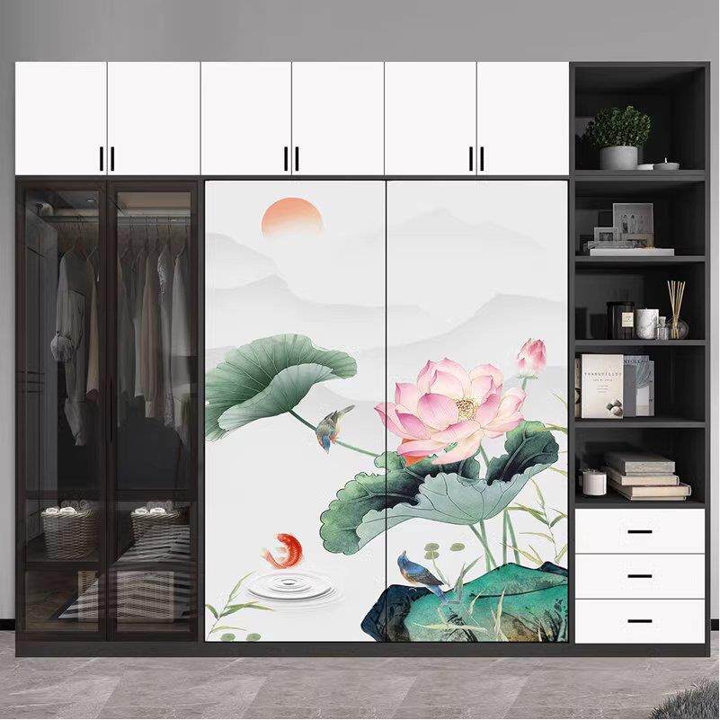 新中式推拉门 钢化玻璃彩绘衣柜门定制 山水画移门定做衣橱壁柜门