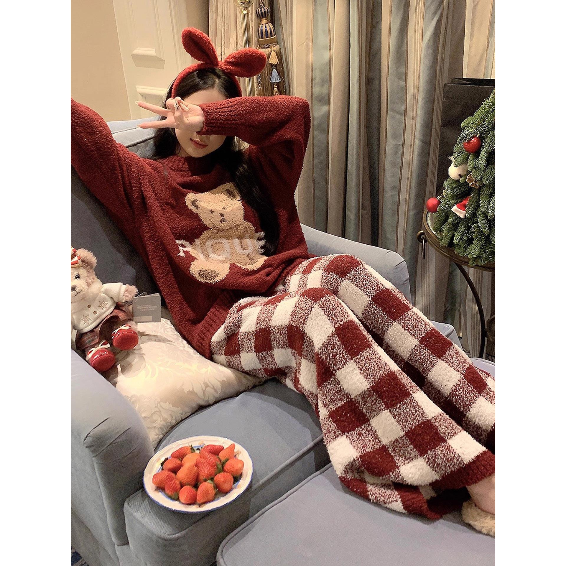 半边绒睡衣女秋冬季加厚加绒可爱红色本命年珊瑚绒少女家居服套装