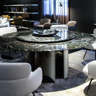 天然普拉达绿奢石餐桌椅组合意式极简高端别墅家用圆形大理石餐桌