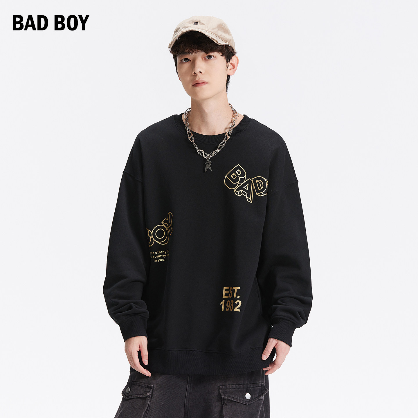 BAD BOY男装2025夏季新款针织圆领长袖情侣运动休闲印花宽松卫衣