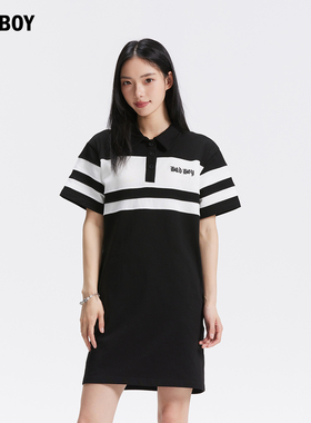 BAD BOY女装夏季中长款polo领短袖显瘦百搭连衣裙气质宽松条纹T恤
