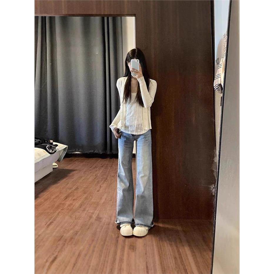 女2026新款夏季薄款高腰弹力显瘦垂感不贴腿喇叭裤浅色微喇牛仔裤