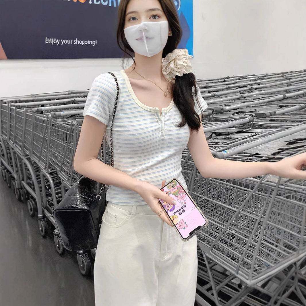 设计感撞色条纹领U正肩短袖T恤女夏新款韩版修瘦身显百搭短款上衣