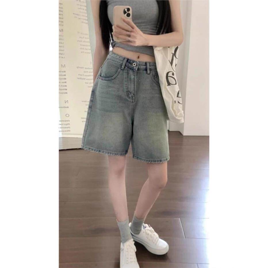 复古浅色五分牛仔短裤女夏季新款大码胖MM高腰宽松直筒阔腿中裤子
