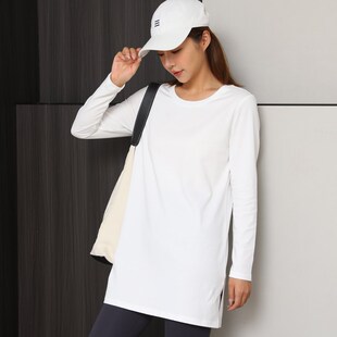白色长袖t恤女中长款100u%棉正肩春季纯色圆领开叉显瘦打底衫上衣
