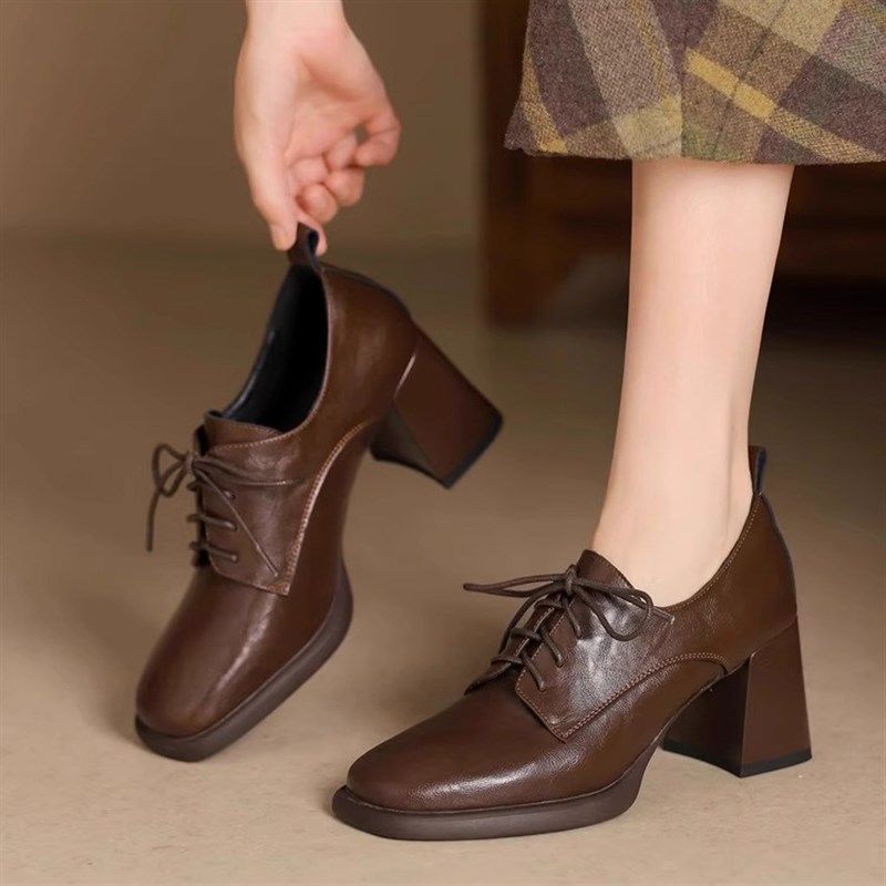 复古系带深口单鞋女2025年新款方头高跟小皮鞋法式粗跟英伦风女鞋,女鞋,深口单鞋,淘宝优惠券,粉丝福利购,淘宝优惠卷