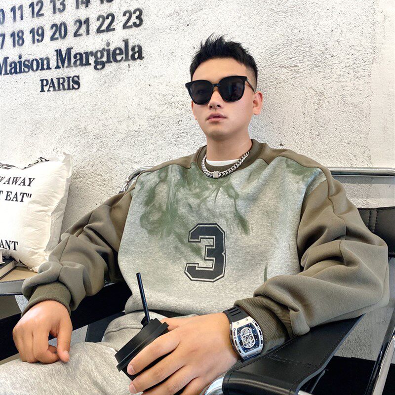 个性卫衣男秋季新款宽松落肩双袖撞色印花上衣青年休闲拼色长袖衫