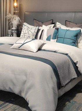 轻奢样板房床品十二件套全棉现代简约自然休闲棉麻肌Y理蓝色系套