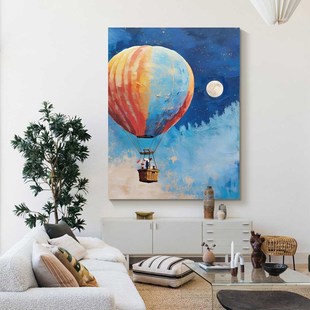奶油风抽象热气球纯手绘油画星空月亮客厅装 饰画卡通肌理玄关挂画
