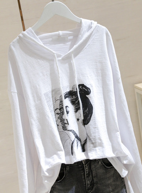 运动白色连帽中长款k印花长袖t恤女宽松2021春新款开叉显瘦上衣31