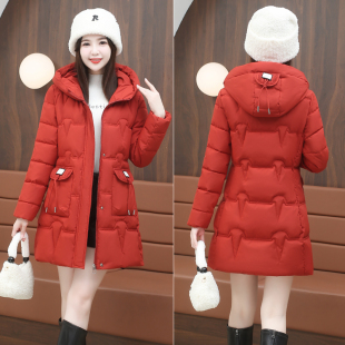 中长版连帽羽绒棉服女2023今年新款F冬季修身收腰型棉衣袄保暖外