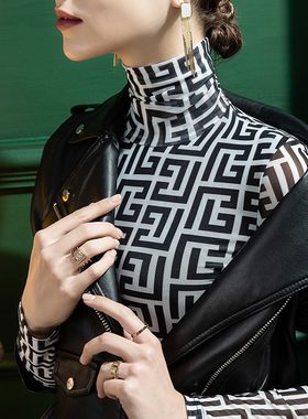 2021秋e冬新款高领网纱打底衫女冬季内搭修身格子洋气堆堆领上衣