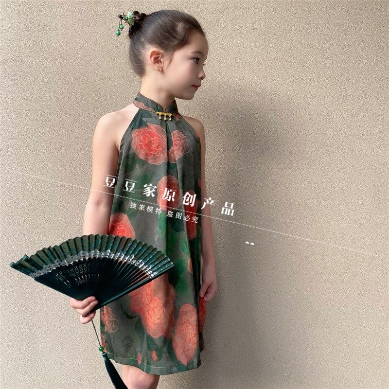 儿童旗袍新中式仿香云纱日常削肩挂脖温柔系改良旗袍女童连衣裙夏