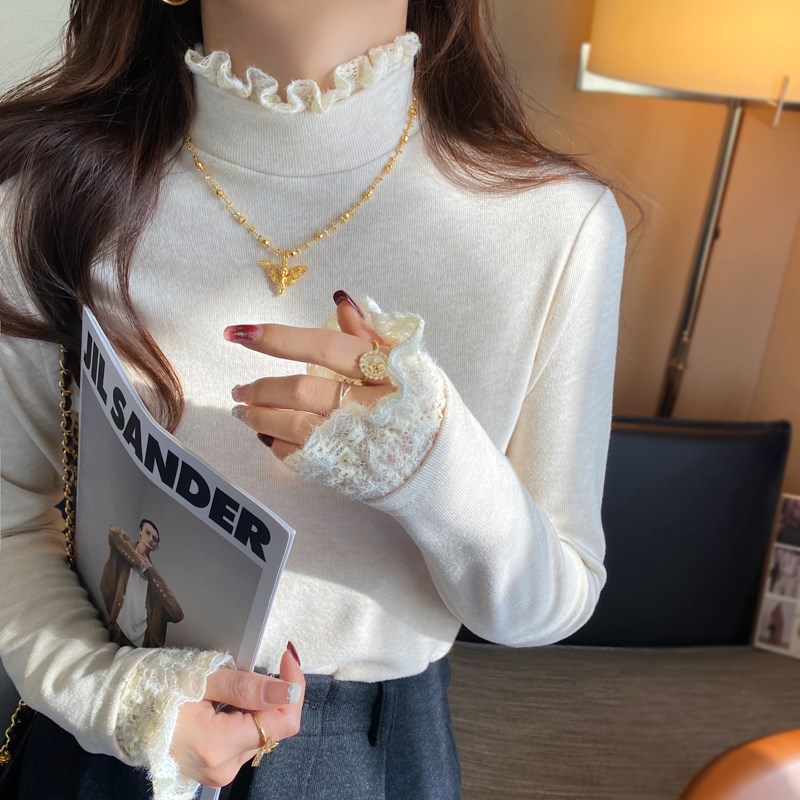 白色蕾丝木耳边半高l领打底衫女内搭2024秋冬季新款修身高级感上