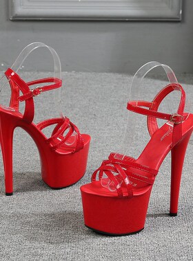 新漆皮凉鞋女超高跟鞋细跟17cm黑色交叉绑N带防水台厚底超轻高跟