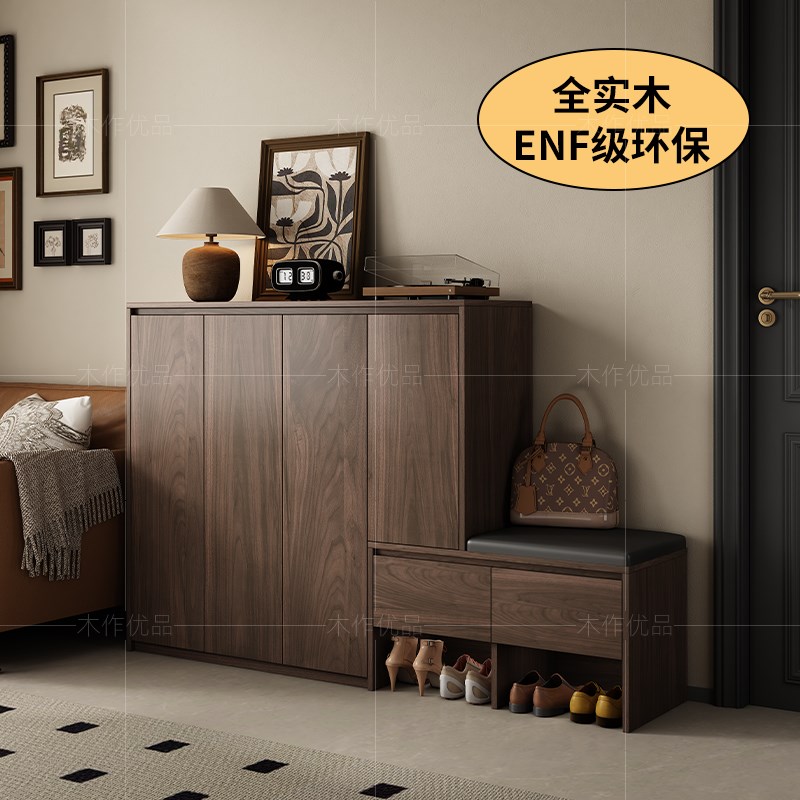 中古风实木鞋柜家用门口室内法式复古入户玄关柜鞋柜新款带换鞋凳