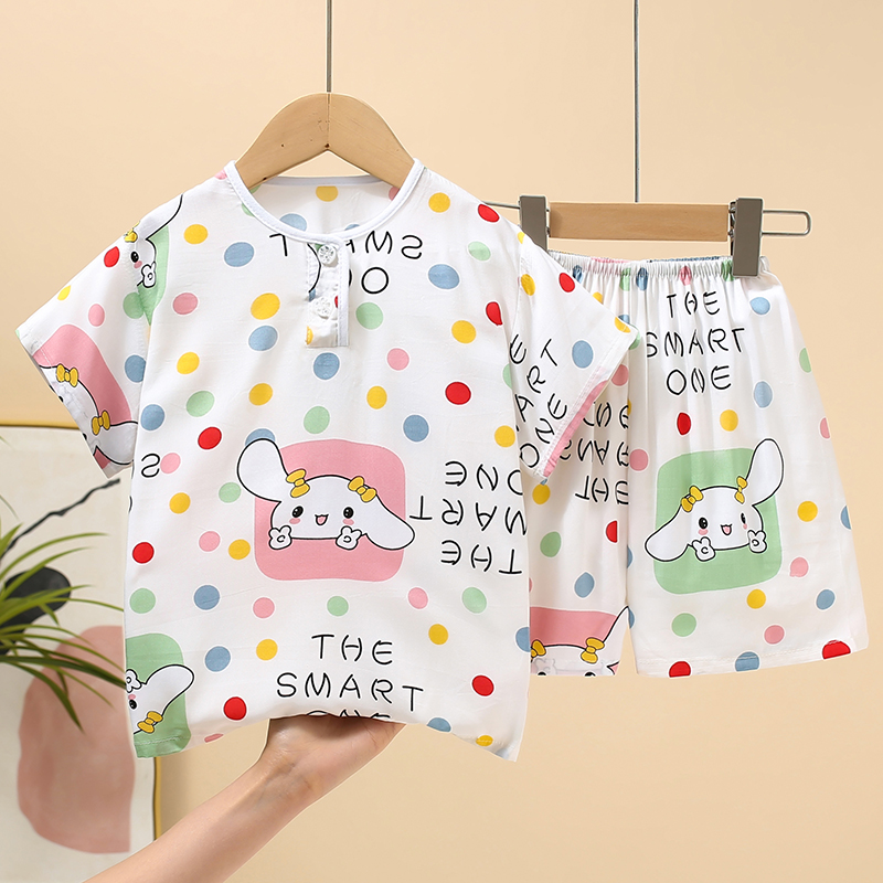 夏季儿童棉绸睡衣薄款男童女童宝宝绵绸短袖套装家居服夏天