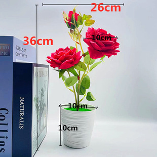 仿真盆栽假花盆景人造花摆件仿真三朵玫瑰花盆栽绿植盆景货源