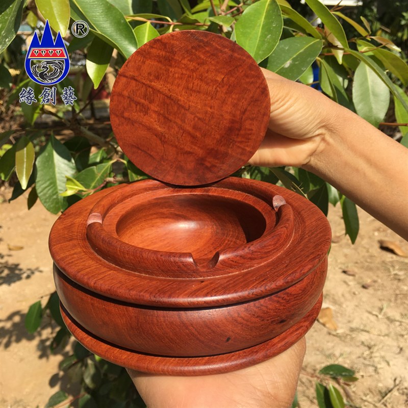 红木防飞灰烟灰缸缅甸花梨带盖子整实木质家用加厚烟灰缸