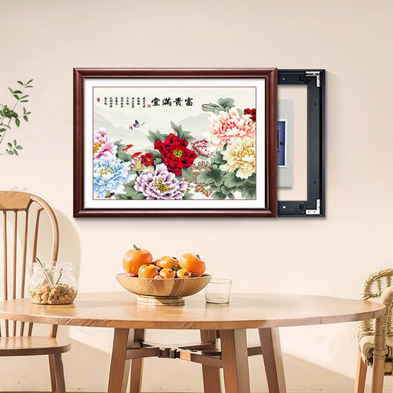 牡丹富贵挂画新电表箱装饰画免打遮挡推拉配电箱画