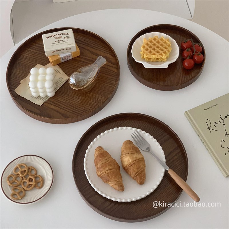 覆古圆形木质托盘茶盘桌面餐具水杯收纳盘摆件家用V餐盘餐具水果
