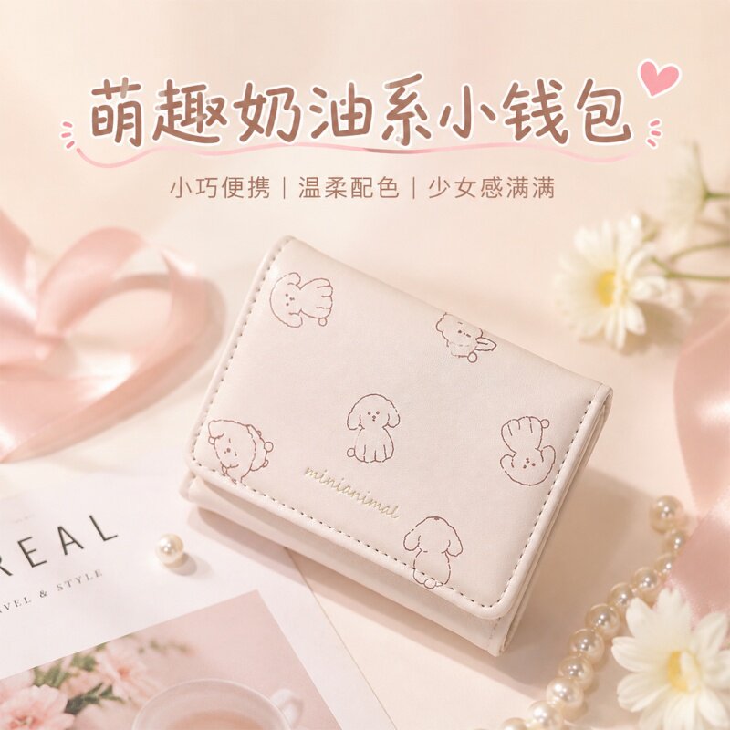 新款韩版钱包女可爱卡通动物印花短款三折钱包学生多卡位便携卡包