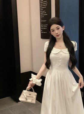 法式白色方领温柔初恋连衣裙女夏季D新款不规则设计收腰显瘦小白