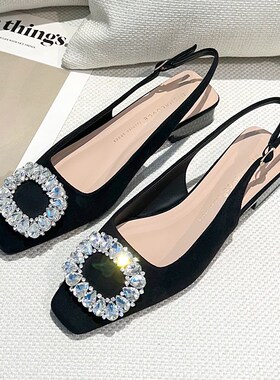 复古包头后绊带水钻单鞋女春季2025新款方头浅口粗跟黑色高跟鞋女