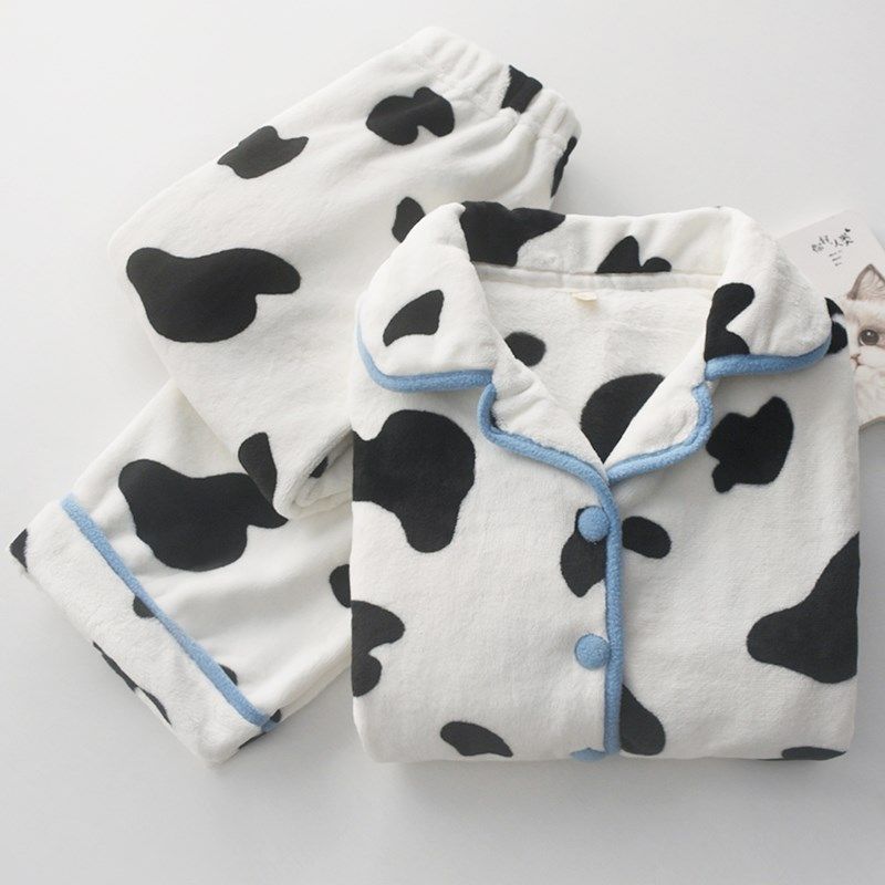 奶牛纹印花睡衣女士秋冬季法兰绒加厚保暖加绒长袖长裤家居服套装,女士内衣/男士内衣/家居服,睡衣/家居服套装,淘宝优惠券,粉丝福利购,淘宝优惠卷