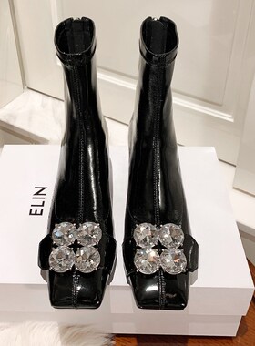 真皮水钻方头弹力瘦瘦靴高跟小个子单靴白色粗跟短靴女设计感小众