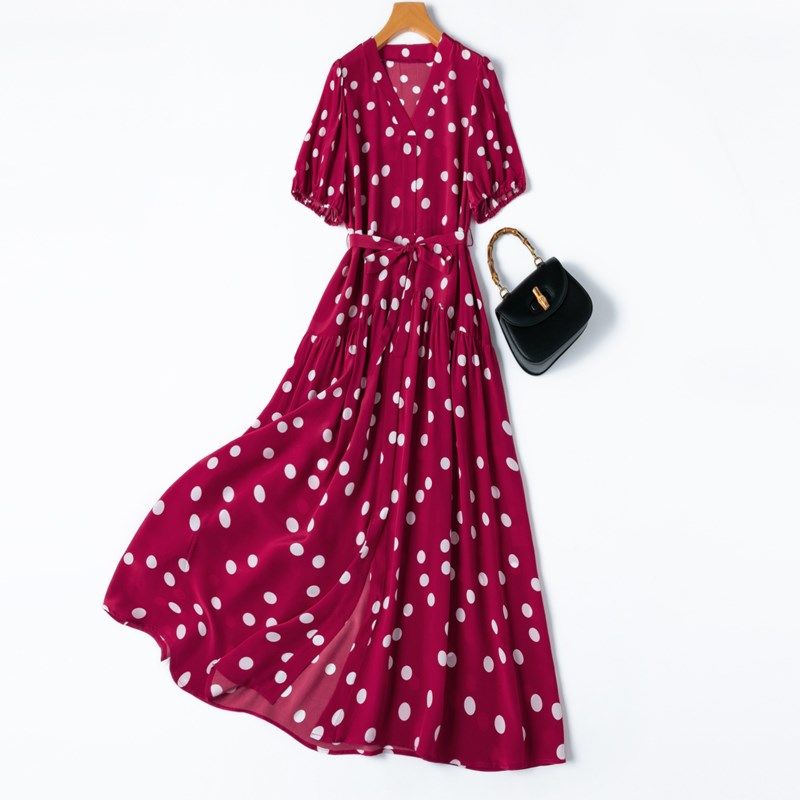 时光滤镜玫瑰红圆点!真丝V领泡泡袖开叉大摆长裙系带连衣裙,女装/女士精品,连衣裙,淘宝优惠券,粉丝福利购,淘宝优惠卷