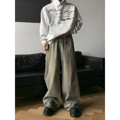 PLTH*美式复古黄泥染水洗做旧阔腿宽松百搭直筒垂感拖地牛仔裤男