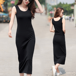 超长款裙子到脚踝l的吊带连身裙女秋冬无袖打底黑色背心连衣裙夏