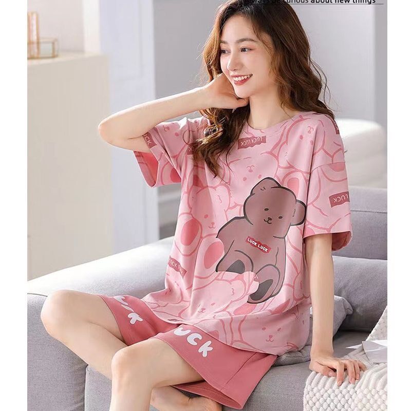 睡衣女短款夏季短袖短裤大码纯棉套装休闲运动全棉外穿家居服夏天