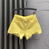 宽松休闲辣妹A字毛边破洞阔腿热裤 糖果色高腰烫钻牛仔短裤 女夏季