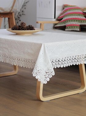 棉麻桌布布艺小清新白色茶几布简约现代纯色长方形家Y用蕾丝盖巾