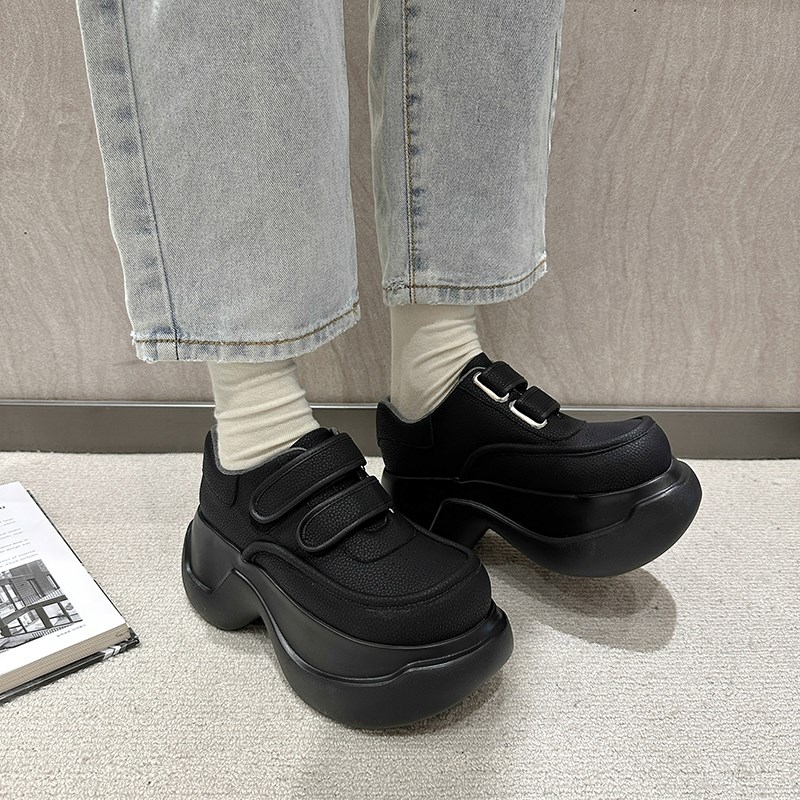 松糕厚底小皮鞋女夏季2024新款魔术贴休闲复古大头鞋增高圆头单鞋