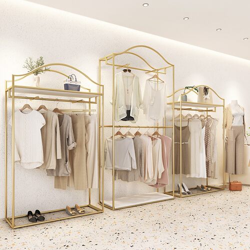 服装店展示架双层侧挂金色女装货架高柜挂衣架落地式陈列衣服架子