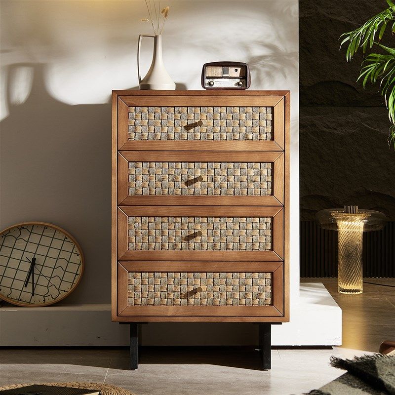 实木藤编四斗柜简约现代中古艺术餐边抽屉收纳柜储物柜日式玄关柜,住宅家具,斗柜,淘宝优惠券,粉丝福利购,淘宝优惠卷