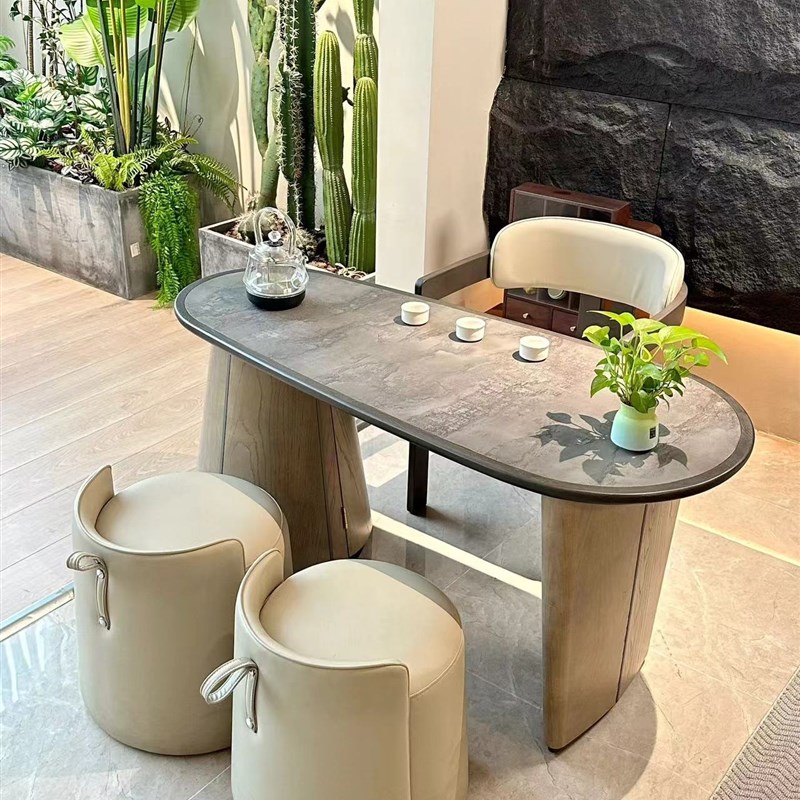 小户型家用阳台茶桌岩板茶几现代休闲喝茶桌奶油风实木茶台桌