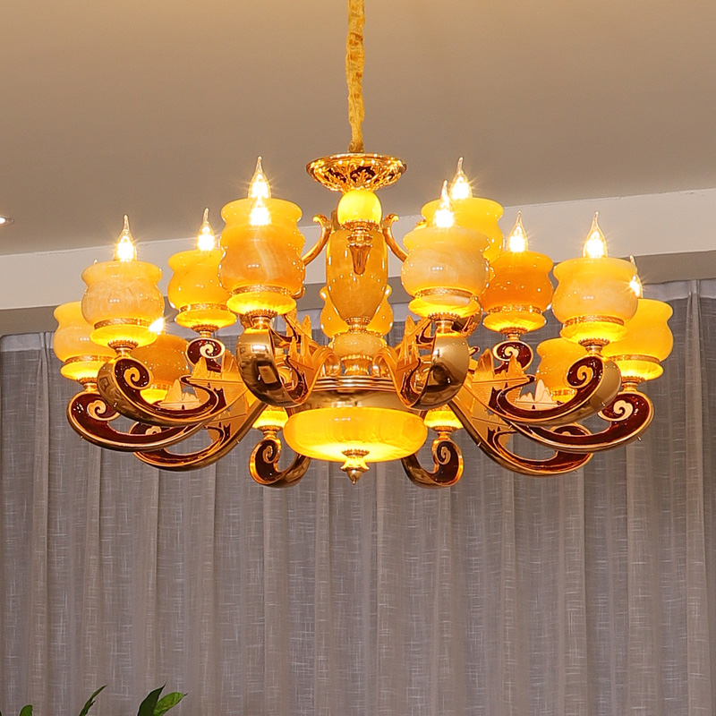 天然玉石吊灯欧式客厅灯真黄龙玉松香玉奢华吊灯22新款智能吊灯