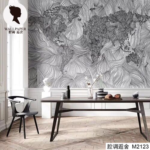 腔调欧式线条抽象流水艺术玄关壁画客厅酒店壁纸民宿客厅M2123
