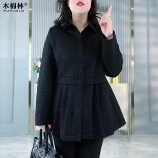 大码翻领高腰A版显瘦遮肚子正肩外套洋气别致提花中长款两穿上衣