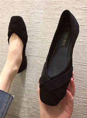 韩版春秋款百搭方头软底平底鞋女瓢鞋黑色工作上班鞋大码单鞋女鞋
